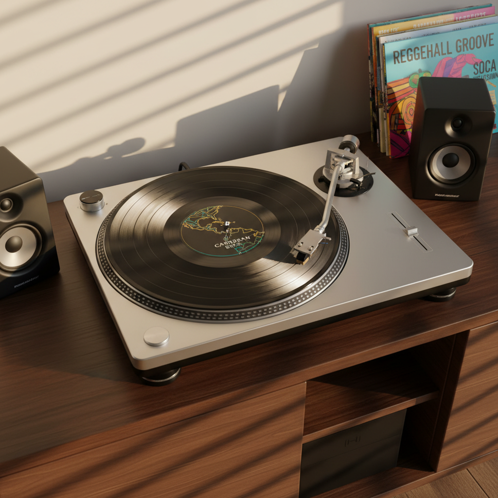 An immaculate black vinyl record labeled with a stylized Caribbean map resting on a brushed aluminum turntable, its tonearm carefully poised above the glossy grooves. The setup sits on a sleek dark wood media console, flanked by compact studio monitors and a stack of brightly colored album sleeves hinting at reggae, dancehall, and soca. Late-afternoon golden light pours through louvered windows, casting linear shadows across the scene and creating subtle reflections on the vinyl surface. Captured from a slightly elevated angle with a balanced, modern composition, the mood is nostalgic yet contemporary, celebrating Caribbean music culture in clean, photographic detail.