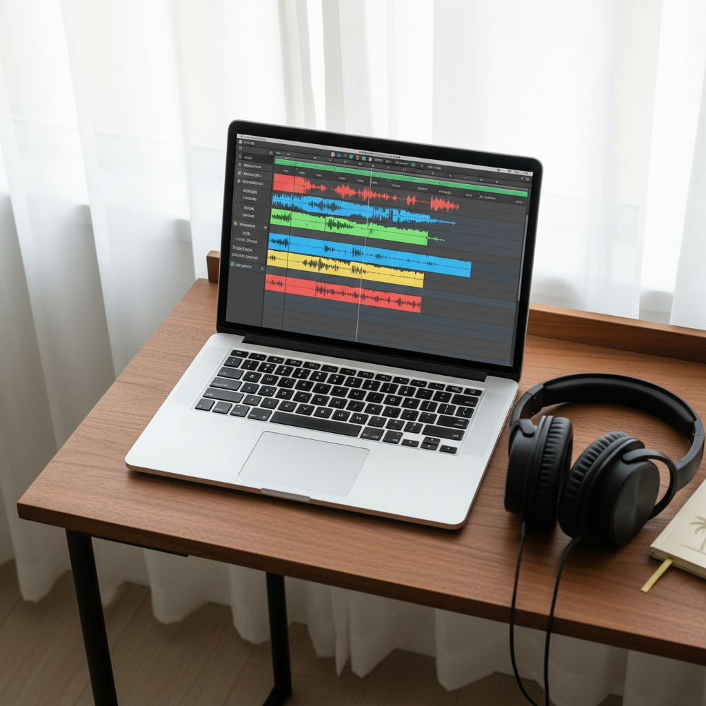 A sleek laptop open on a minimalist teak desk, its screen displaying an audio editing timeline filled with colorful waveforms and tracks labeled with Jamaican genre names like reggae, dancehall, and ska. Beside it, a pair of over-ear studio headphones with matte black earcups rest on the desk, alongside a small notebook embossed with a subtle palm tree motif. Soft diffused daylight enters through a nearby window with sheer white curtains, creating a calm, focused workspace. Shot from an overhead angle with sharp, clean lines and ample negative space, the image conveys professional Caribbean entertainment analysis in a bright, modern, photographic style.