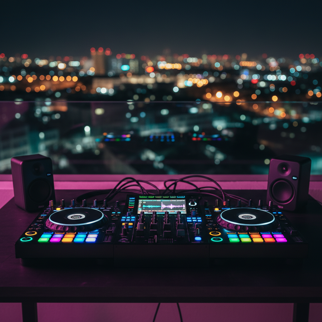 A collection of professional DJ equipment set up on a rooftop overlooking a softly blurred Caribbean cityscape at night, focusing on a polished DJ controller with multicolored backlit pads, jog wheels, and an illuminated waveform display. The controller sits on a dark, matte table surface, with neatly plugged-in cables running to compact speakers. Ambient neon hues of magenta and teal reflect off the metal and plastic surfaces, suggesting nearby billboards and entertainment venues. Shot from a waist-high angle, the foreground equipment in tack-sharp focus with city lights creating a creamy bokeh, the scene feels energetic, modern, and distinctly nightlife-oriented in photographic realism.