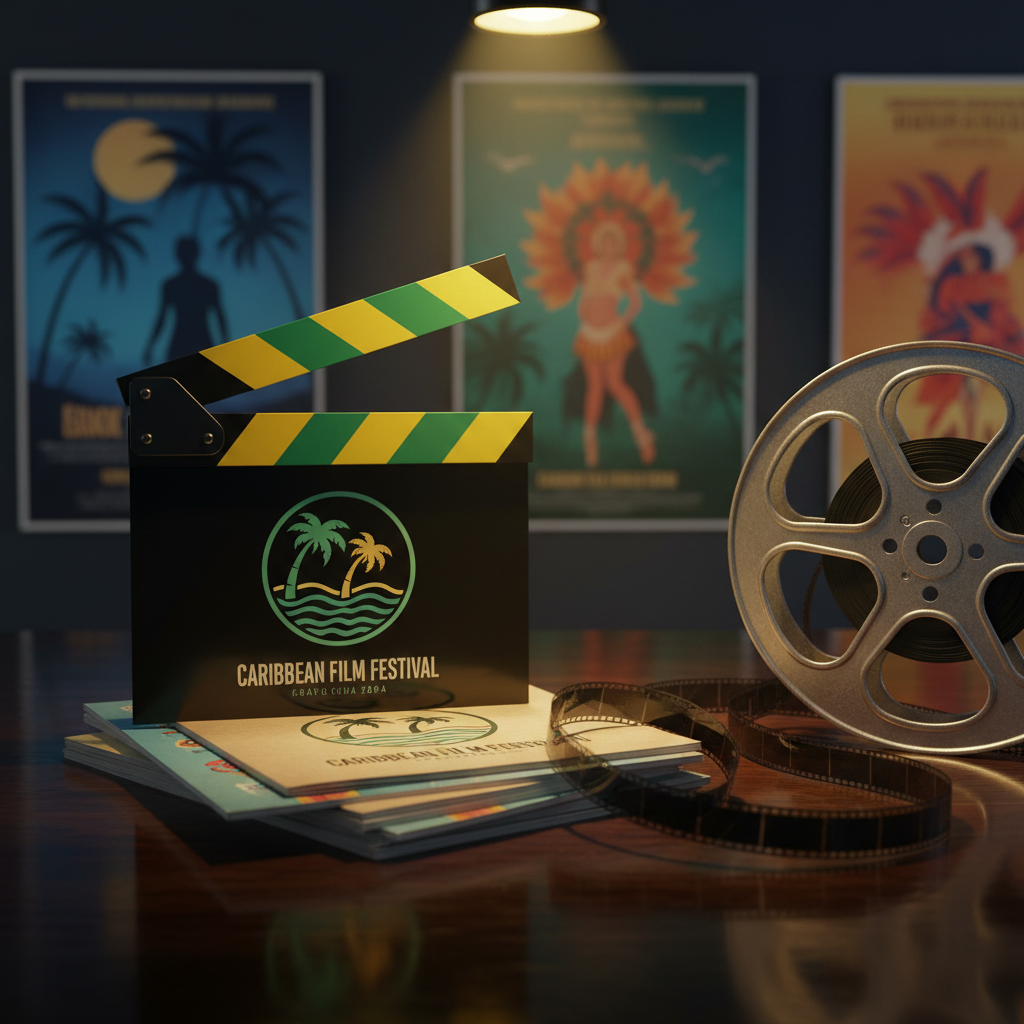 A glossy clapperboard with vibrant yellow and green stripes on the slate, resting atop a stack of neatly arranged Caribbean film festival programs on a dark wood table. Next to it, an old-school film reel with metallic sheen partially unspools, its tape forming gentle curves. Background elements include blurred posters of fictional Caribbean movies in rich tropical colors. A single warm spotlight from above creates dramatic highlights and defined shadows, evoking a curated studio setup. Captured from a close-up, slightly diagonal perspective with moderate depth of field, the mood is celebratory and professional, spotlighting the regional film industry in crisp photographic realism.