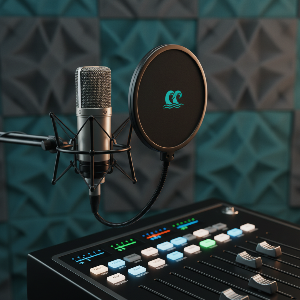 A close-up of a high-quality broadcast microphone suspended in a shock mount, positioned in front of a pop filter emblazoned with a small, stylized Caribbean wave logo. The microphone hovers over a pristine mixing desk with colorful LED meters and labeled faders for radio channels and podcasts. Behind, foam acoustic panels in alternating deep teal and charcoal grey form a geometric pattern. Soft, directional studio lighting from the right creates gentle highlights along the metal grille and controlled shadows on the background, enhancing depth. Framed using the rule of thirds with a shallow depth of field, the image exudes professional Caribbean media commentary in a clean, photographic style.