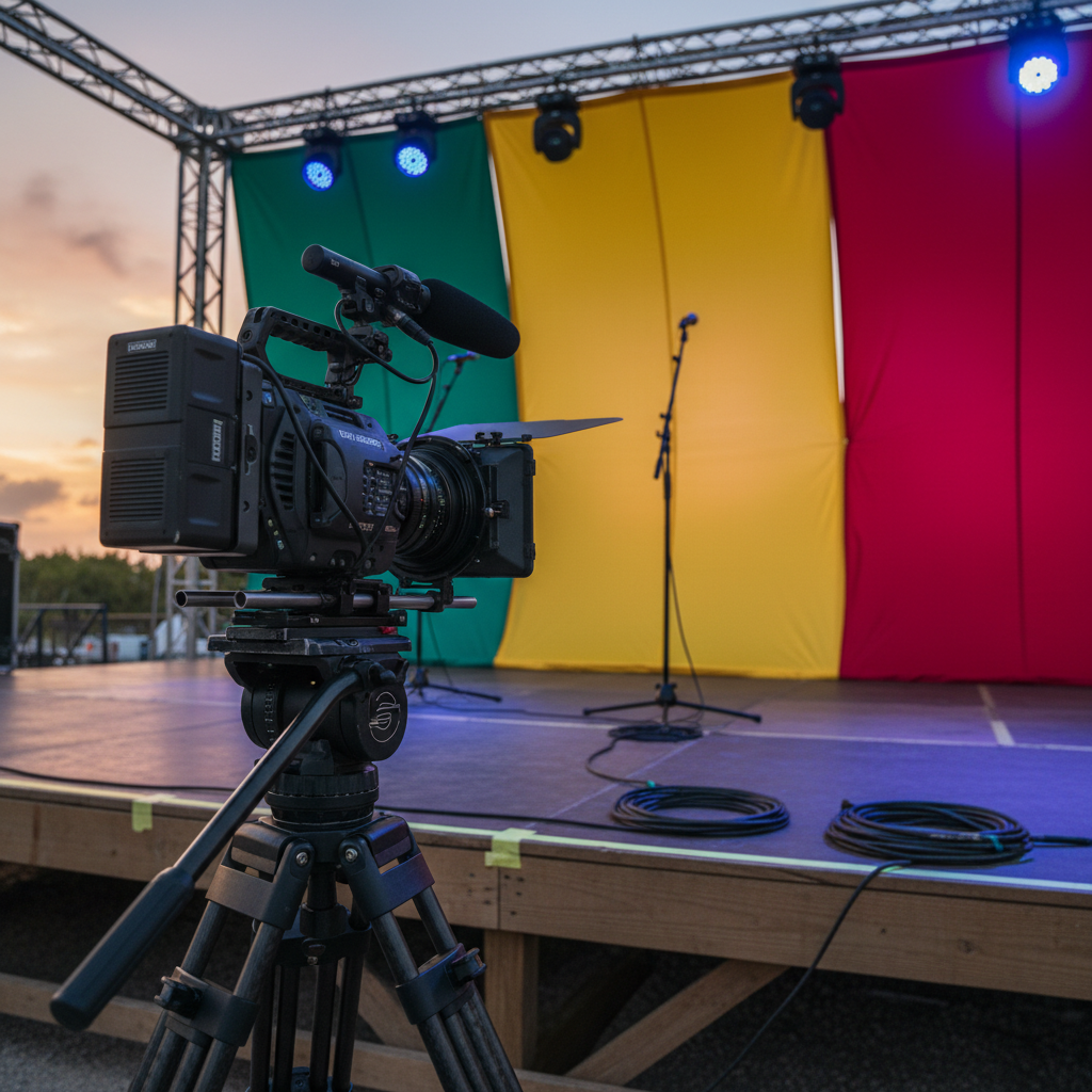 A professional digital camera with a mounted shotgun microphone and matte box, resting on a sturdy tripod at the edge of a small Caribbean outdoor stage. The stage features vibrant backdrops in bold greens, yellows, and reds, with empty mic stands and neatly coiled cables suggesting an upcoming performance. Soft, warm twilight envelops the scene, with stage lights beginning to glow in saturated blues and purples, casting gentle reflections on the camera’s metal and carbon fiber surfaces. Photographed from a low, three-quarter angle for a cinematic feel, with sharp focus on the camera and a slightly blurred stage, evoking anticipation in a polished, photographic realism style.